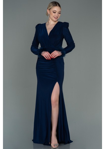 Otrişli Uzun Kol Yırtmaçlı Abiye Elbise ABU2804