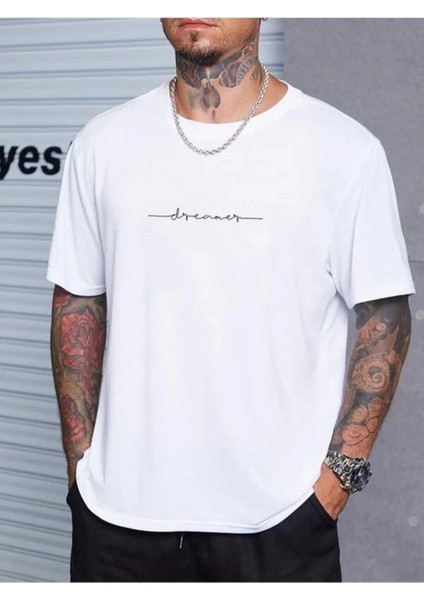 Erkek Beyaz Dreamer Baskılı Oversize Bisiklet Yaka Tshirt