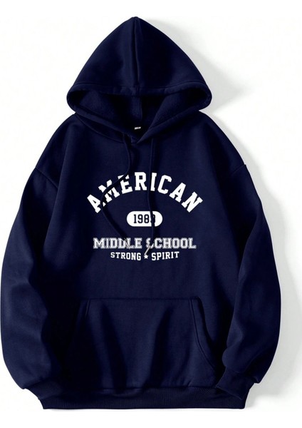 Erkek Lacivert American Middle Basklı Kapüşonlu Oversize Sweatshirt