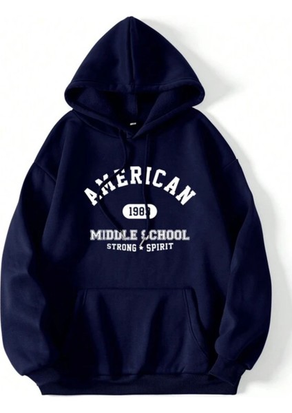 Erkek Lacivert American Middle Basklı Kapüşonlu Oversize Sweatshirt
