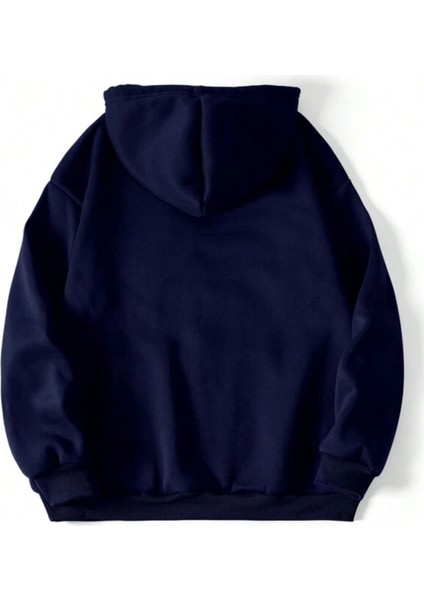 Erkek Lacivert American Middle Basklı Kapüşonlu Oversize Sweatshirt