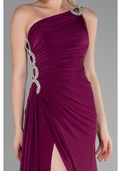 Taşlı Tek Omuz Bacak Dekolteli Uzun Abiye ABU2964 modelleri