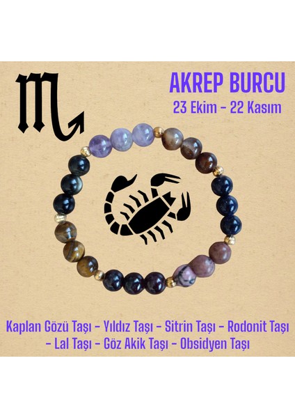 Akrep Burcu Bilekliği (Kaplan Gözü Taşı, Sitrin Taşı, Rodonit, Yıldız, Lal Taşı, Obsidyen, Akik Taş)