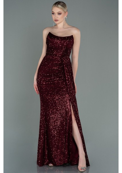 Straplez Bacak Dekolteli Uzun Pullu Abiye ABU3134