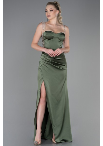 Taş Askılı Yırtmaçlı Uzun Saten Abiye ABU3198