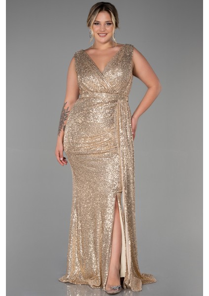 Kolsuz Kruvaze Yaka Uzun Pullu Büyük Beden Abiye ABU3194