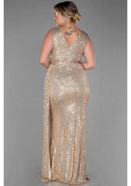 Kolsuz Kruvaze Yaka Uzun Pullu Büyük Beden Abiye ABU3194 fiyatları