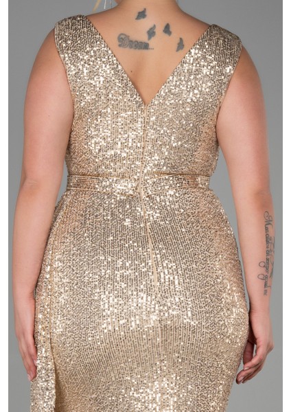 Kolsuz Kruvaze Yaka Uzun Pullu Büyük Beden Abiye ABU3194 fırsatları