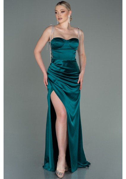 Taş Askılı Yırtmaçlı Uzun Saten Abiye ABU3198