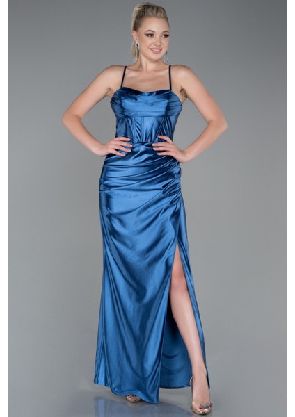 Bacak Dekolteli Balen Korse Uzun Saten Abiye ABU3247