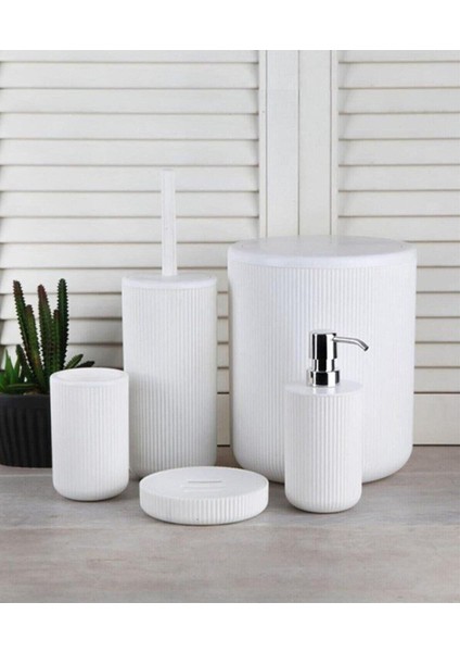 5 Parça Banyo Seti Çöp Kovası Tuvalet Fırçası Diş Fırçalık Katı Sabunluk Sıvı Sabunluk