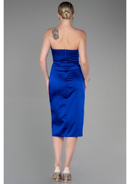 Taşlı Straplez Göğüs Drapeli Midi Saten Abiye ABK1845 fiyatları