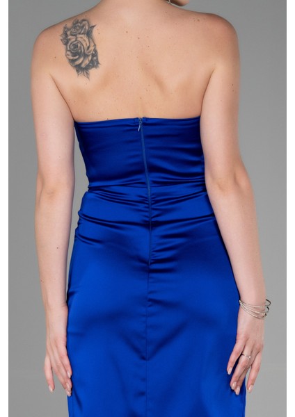 Taşlı Straplez Göğüs Drapeli Midi Saten Abiye ABK1845 fırsatları