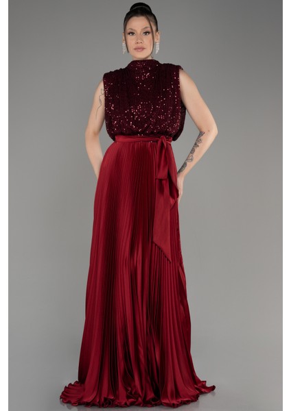 Üstü Pullu Ateş Pile Uzun Saten Abiye ABU3326