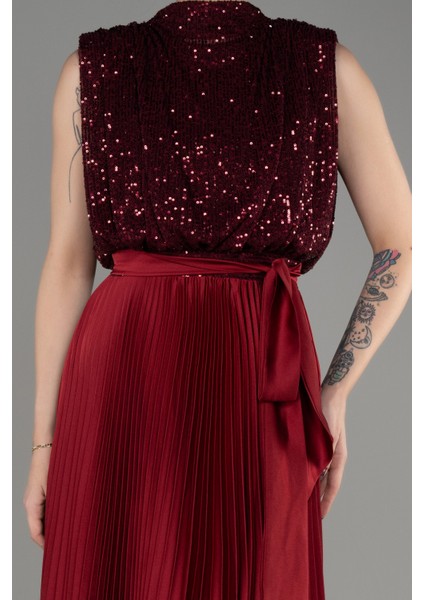 Üstü Pullu Ateş Pile Uzun Saten Abiye ABU3326 modelleri