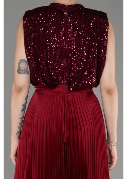 Üstü Pullu Ateş Pile Uzun Saten Abiye ABU3326 fırsatları