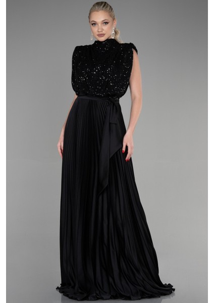 Üstü Pullu Ateş Pile Uzun Saten Abiye ABU3326