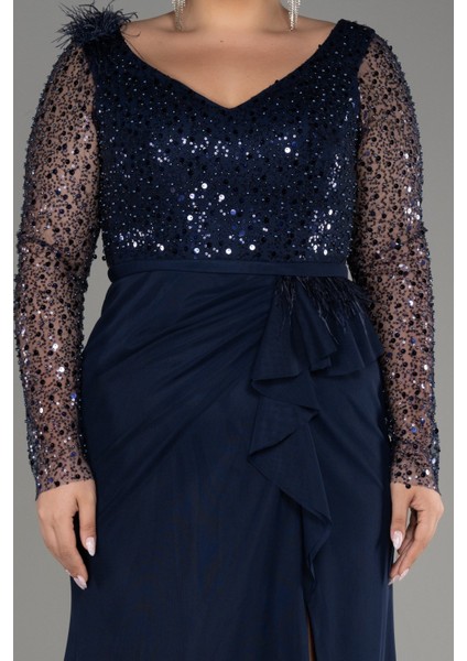 Pullu Uzun Kol Yırtmaçlı Büyük Beden Abiye ABU3284 modelleri