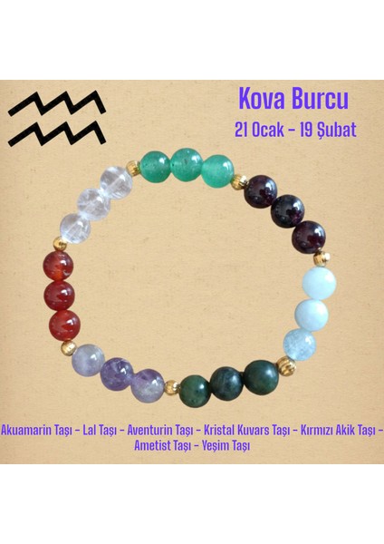 Kova Burcu Bilekliği (Ay Taşı, Ametist, Akuamarin Taşı, Lal Taşı, Aventurin, Kristal Kuvars, Yeşim)