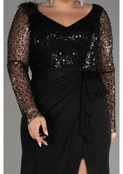 Pullu Uzun Kol Yırtmaçlı Büyük Beden Abiye ABU3284 modelleri