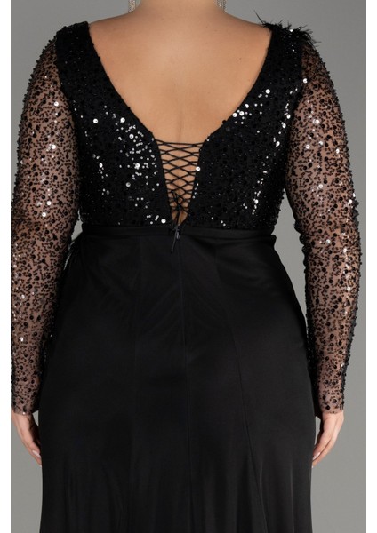 Pullu Uzun Kol Yırtmaçlı Büyük Beden Abiye ABU3284 fırsatları