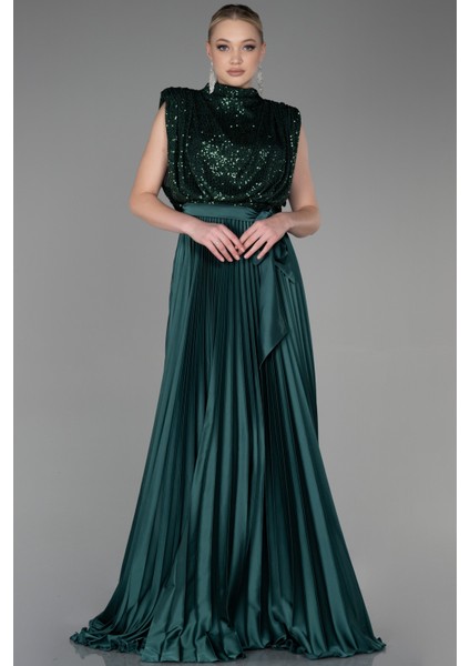 Üstü Pullu Ateş Pile Uzun Saten Abiye ABU3326