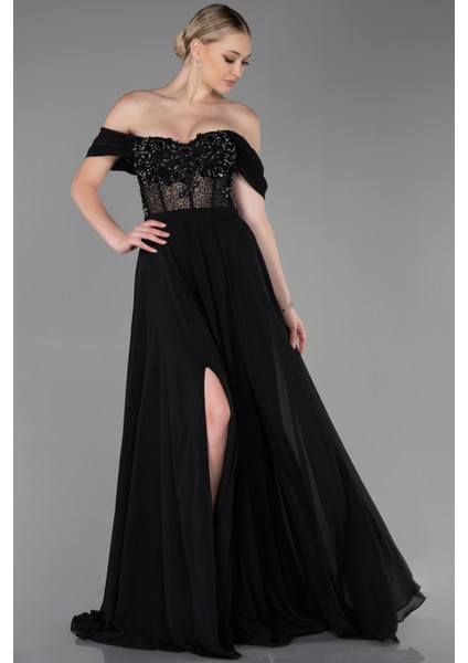 Işlemeli Kayık Yaka Yırtmaçlı Uzun Şifon Abiye ABU3310