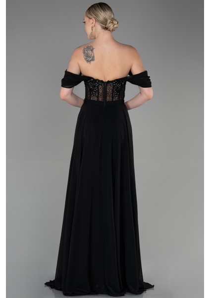 Işlemeli Kayık Yaka Yırtmaçlı Uzun Şifon Abiye ABU3310 fiyatları