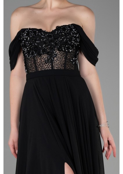 Işlemeli Kayık Yaka Yırtmaçlı Uzun Şifon Abiye ABU3310 modelleri