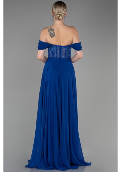 Işlemeli Kayık Yaka Yırtmaçlı Uzun Şifon Abiye ABU3310 fiyatları