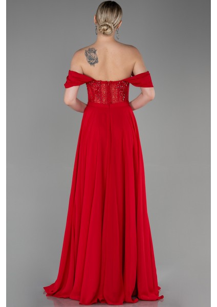 Işlemeli Kayık Yaka Yırtmaçlı Uzun Şifon Abiye ABU3310 fiyatları