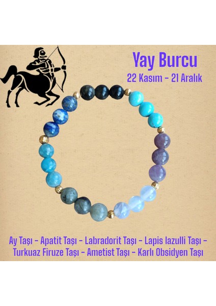 Yay Burcu Bilekliği (Ay Taşı, Apatit, Labradorit, Lapis Lazulli, Turkuaz, Ametist, Karlı Obsidyen)