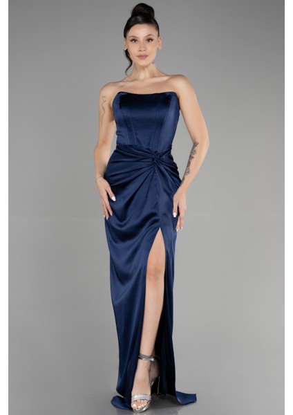 Straplez Balen Korse Yırtmaçlı Uzun Saten Abiye ABU3474