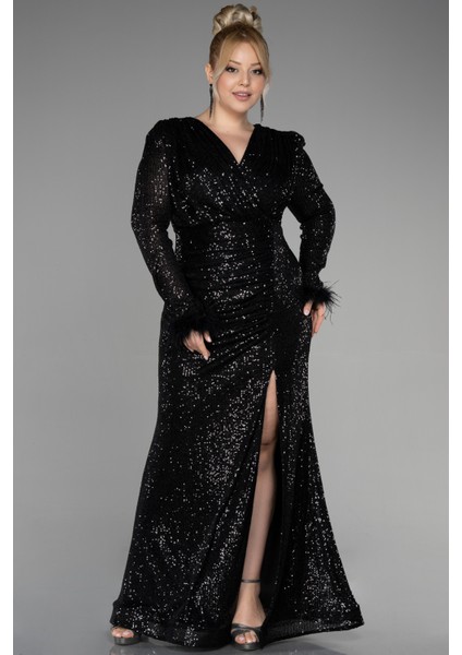 Uzun Kol Yırtmaçlı Pullu Büyük Beden Abiye ABU3505