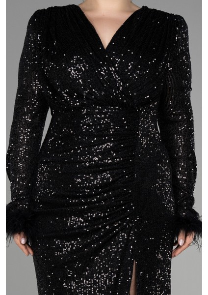 Uzun Kol Yırtmaçlı Pullu Büyük Beden Abiye ABU3505 modelleri