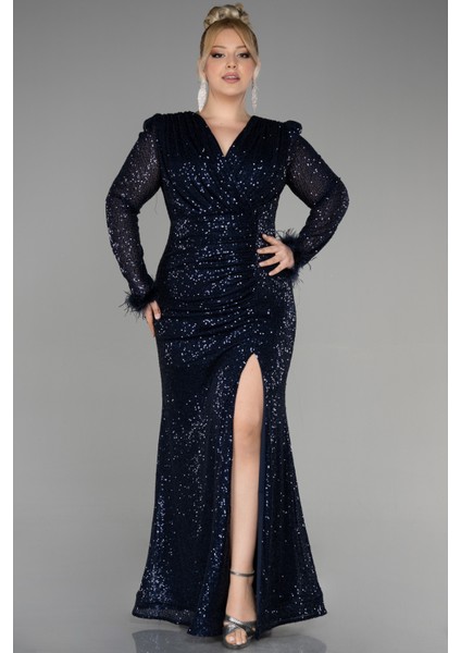 Uzun Kol Yırtmaçlı Pullu Büyük Beden Abiye ABU3505