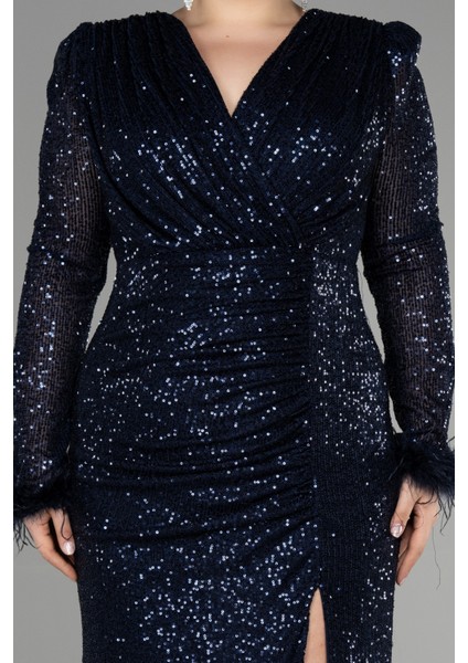 Uzun Kol Yırtmaçlı Pullu Büyük Beden Abiye ABU3505 modelleri