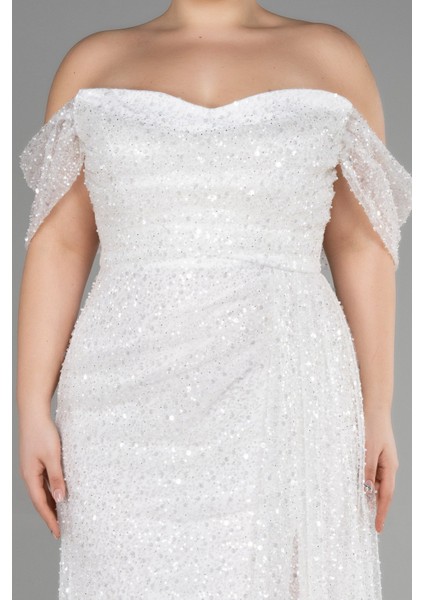 Kayık Yaka Uzun Pullu Büyük Beden Abiye ABU3579 modelleri