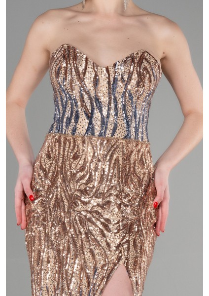 Straplez Bacak Dekolteli Uzun Pullu Balık Abiye ABU3613 modelleri