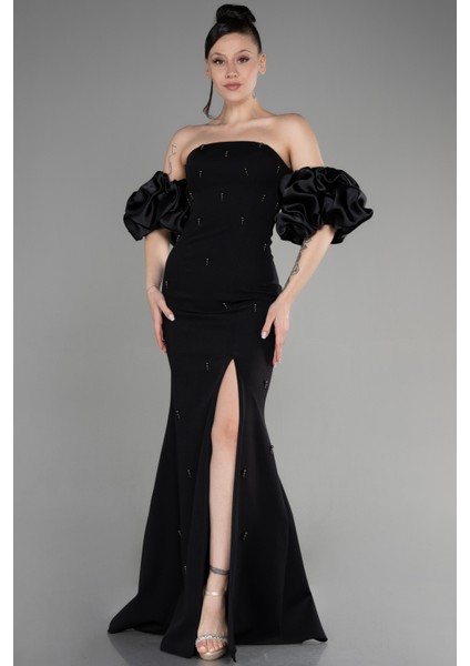 Straplez Kol Aksesuarlı Yırtmaçlı Uzun Abiye ABU3659