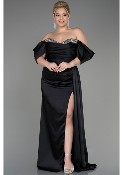 Kayık Yaka Yırtmaçlı Uzun Saten Büyük Beden Abiye ABU3655