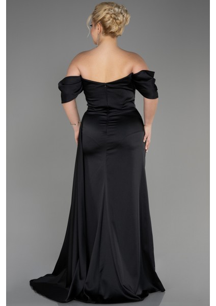 Kayık Yaka Yırtmaçlı Uzun Saten Büyük Beden Abiye ABU3655 fiyatları