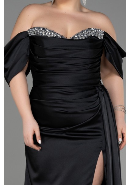 Kayık Yaka Yırtmaçlı Uzun Saten Büyük Beden Abiye ABU3655 modelleri