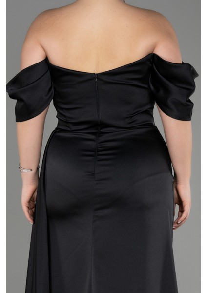 Kayık Yaka Yırtmaçlı Uzun Saten Büyük Beden Abiye ABU3655 fırsatları