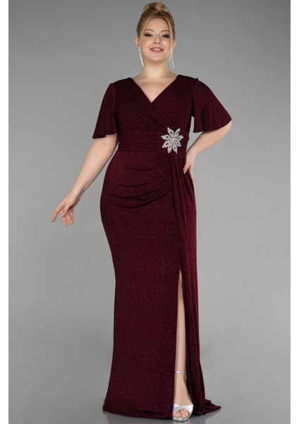 Kısa Kol Yırtmaçlı Uzun Simli Büyük Beden Abiye ABU3645