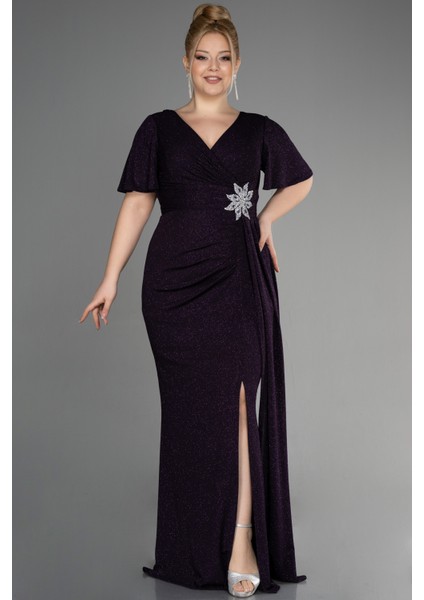 Kısa Kol Yırtmaçlı Uzun Simli Büyük Beden Abiye ABU3645