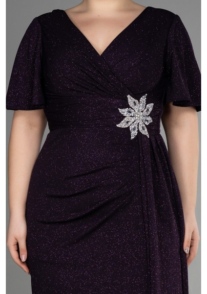 Kısa Kol Yırtmaçlı Uzun Simli Büyük Beden Abiye ABU3645 modelleri