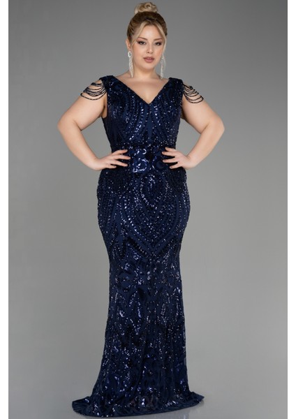 V Yaka Uzun Pullu Büyük Beden Abiye Elbise ABU3845