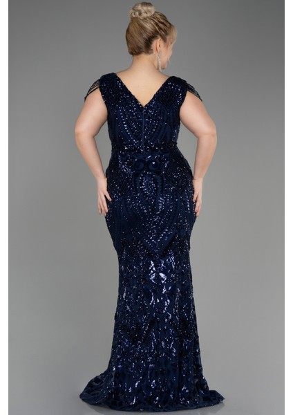 V Yaka Uzun Pullu Büyük Beden Abiye Elbise ABU3845 fiyatları