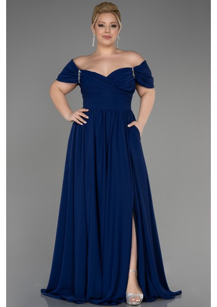 Kayık Yaka Uzun Şifon Büyük Beden Abiye ABU3738